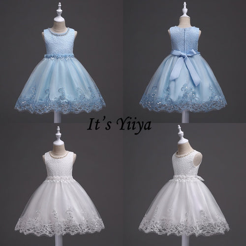 It's YiiYa Flower Girl Dress Elegant Sleeveless O-neck Kid Party Gowns Wedding Blue White Pink Purple Dresses For Girls 981